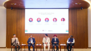 Dr. Anand Ranganathan, Scientist; S. Ravi, Founder of Ravi Rajan & Co.; Sandeep Singh, Managing Director of Tata Hitachi; Shailesh Tiwari, Executive Director at Indian Oil Corporation; and Romit Sen, SVP – Sustainability, HSBC India, participate in a panel discussion during the CSR Conclave 2026 in Bengaluru on Friday.